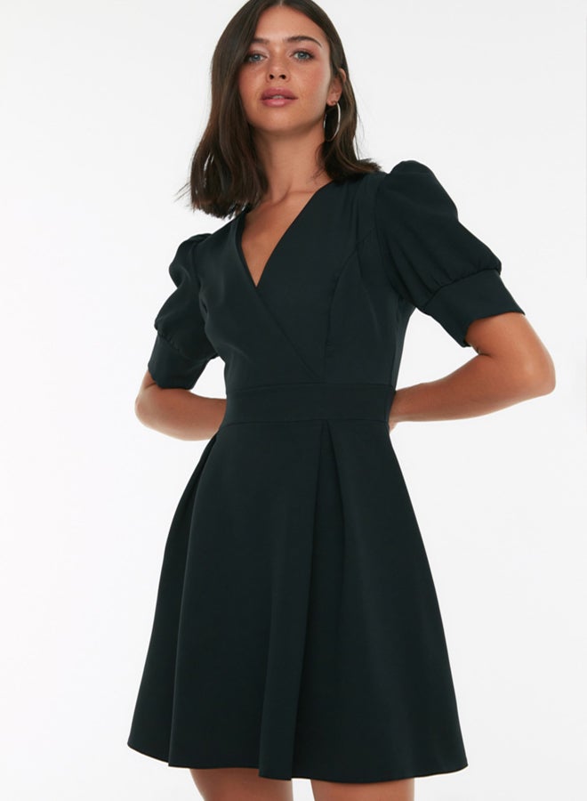 trendyol Black Waist Opening Mini Lined Double Breasted Collar Pleated Woven Dress TWOSS20EL1639 - Image 3