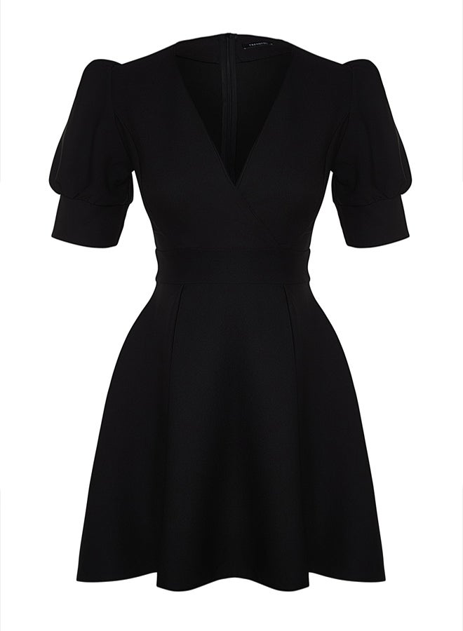 trendyol Black Waist Opening Mini Lined Double Breasted Collar Pleated Woven Dress TWOSS20EL1639 - Image 5