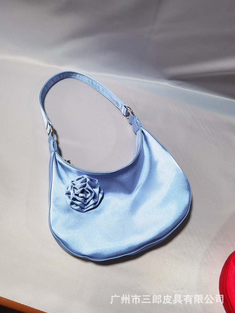 Niche Satin Rose Flower Tote Crescent Bag Shoulder Handbag Women'S Armpit Bag High-End Bridal Bag Women - Image 5