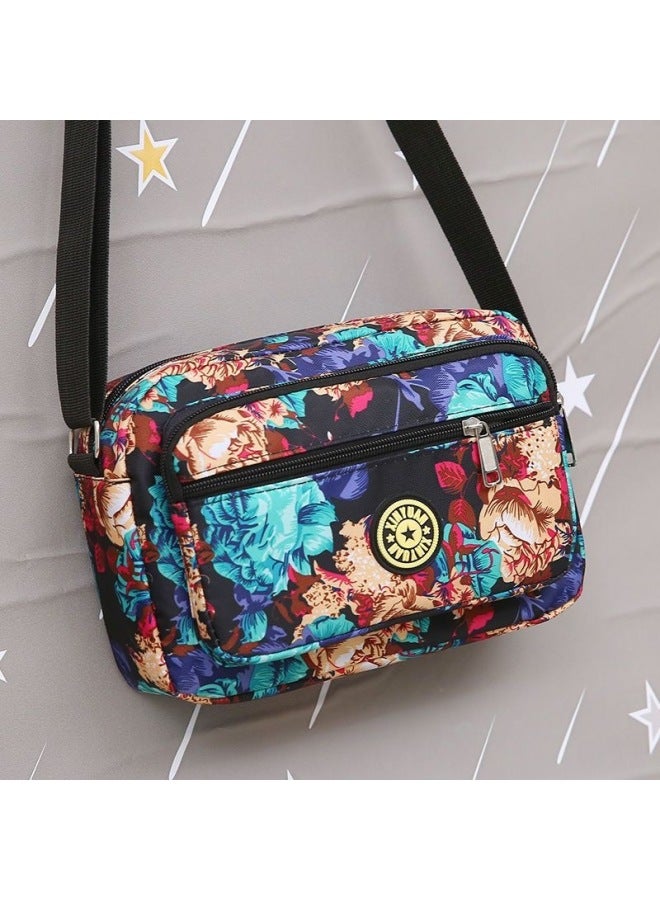 Shoulder Messenger Bag Floral Cloth Women's Backpack OxFord Cloth Casual Fashion Sports Women's Bag Five Zipper Large-Color:Medium Blue Ink Flower - Image 1