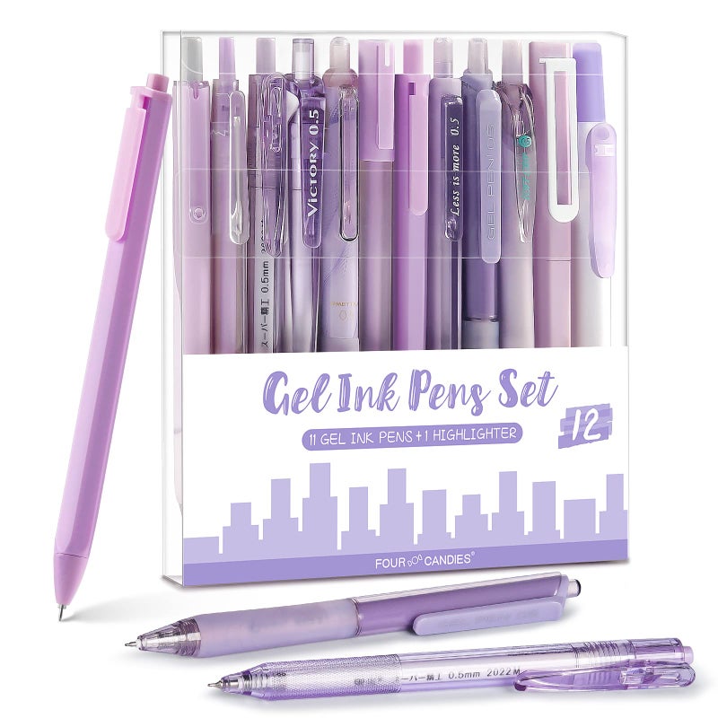 Four Candies Lavender Series Gel Pens, Black & Purple Ink Writing Pens with 0.5 mm Smooth Fine Point, School Office Stationery Supplies Desk Accessories Stocking Stuffers Gifts for Women, Set of 12 - Image 1