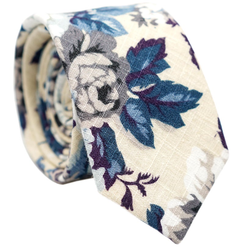 BELLUNO Floral Skinny Tie for Men, Slim Flower Tie for Wedding, Activities, Gift Box-Beige Blue - Image 1