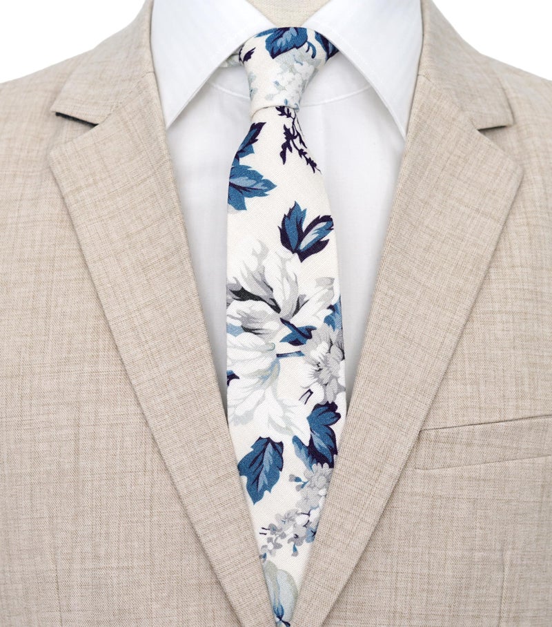 BELLUNO Floral Skinny Tie for Men, Slim Flower Tie for Wedding, Activities, Gift Box-Beige Blue - Image 4