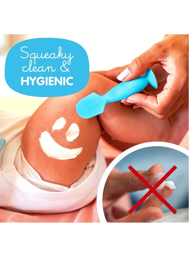 بيبي بام برَش ملعقة كريم حفاضات الأطفال الصغيرة من بومكو مع جراب - ملعقة حفاضات من السيليكون خالية من مادة BPA مع كوب شفط، فرشاة تنظيف مؤخرة الطفل سهلة التنظيف، أداة وضع معجون المؤخرة من ابتكار الأم (أزرق) - Image 3