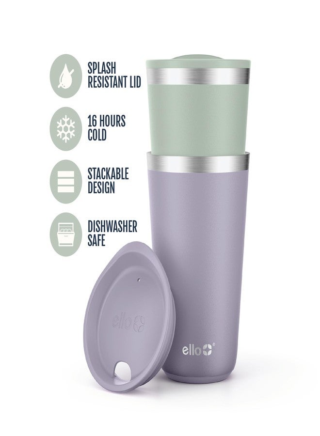 Ello 2 Pack 16oz Stainless Steel Stacking Cups with Easy Press Lids | Pint Size Reusable Tumblers for Parties, Home, Camping, Outdoor | Keeps Cold for 16 Hours, Dishwasher Safe | Soft Plum & Sage - Image 3