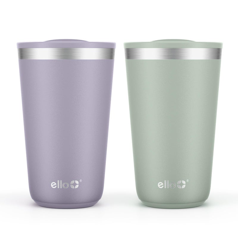 Ello 2 Pack 16oz Stainless Steel Stacking Cups with Easy Press Lids | Pint Size Reusable Tumblers for Parties, Home, Camping, Outdoor | Keeps Cold for 16 Hours, Dishwasher Safe | Soft Plum & Sage - Image 1