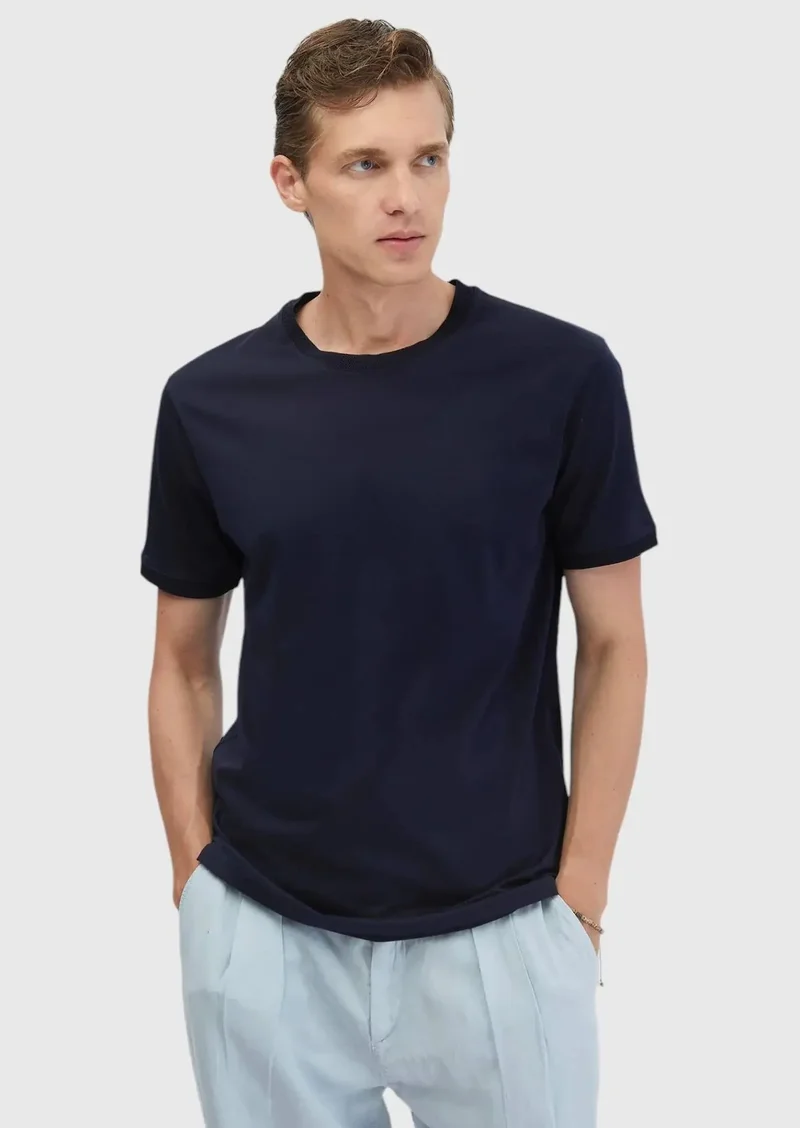 RAMSEY Navy Blue Plain Crew Neck 100% Cotton T-Shirt