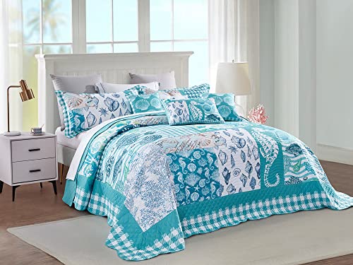 HZ & HY Coastal Oversized King Bedspread 128x120 Extra Wide, Lightweight Beach Bedding Nautical Quilt, Real Stitching, Reversible, 6 Piece, 100% Microfiber, King/California King, Seahorse - Image 4