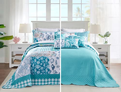HZ & HY Coastal Oversized King Bedspread 128x120 Extra Wide, Lightweight Beach Bedding Nautical Quilt, Real Stitching, Reversible, 6 Piece, 100% Microfiber, King/California King, Seahorse - Image 2