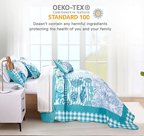 HZ & HY Coastal Oversized King Bedspread 128x120 Extra Wide, Lightweight Beach Bedding Nautical Quilt, Real Stitching, Reversible, 6 Piece, 100% Microfiber, King/California King, Seahorse - Image 5