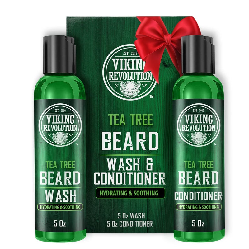 Viking Revolution Tea Tree Beard Wash and Conditioner Set for Men - Natural Beard Softener with Argan Oil, Vitamin E and Ginseng (5 Oz) - Image 1