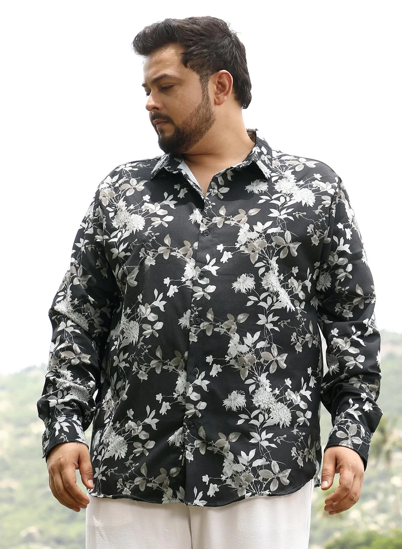 انستافاب بلس Instafab Men's Onyx Black Mono-Botanics Imprint Shirt | Spread Collar , Long Cuffed Sleeves , Button Closure | Digital Floral Print Plain | Cotton-Blend Shirt For Casual Wear