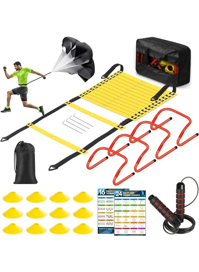 سلم المرونة معدات تدريب السرعة مجموعة سلم المرونة ، 12 مخروطات كرة القدم ، 4 عقبات ، حبل القفز ، تشغيل المظلة  كرة السلة كرة القدم معدات تدريب كرة القدم للأطفال والشباب والكبار - Image 1