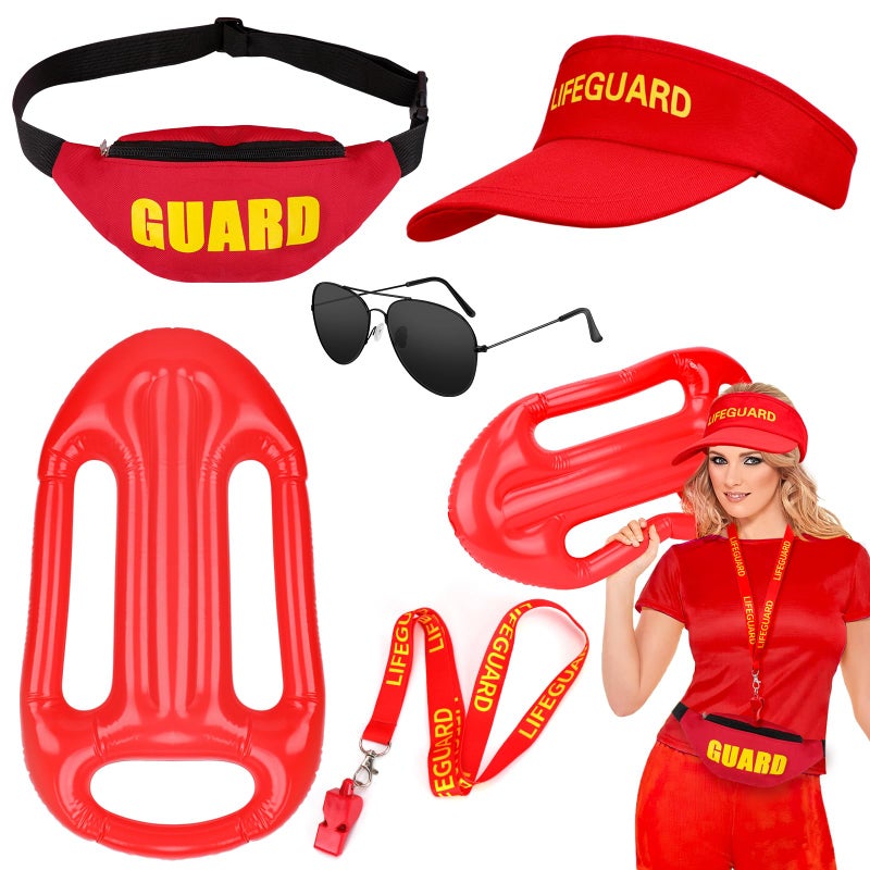 SelfTek SelfTek 5-Piece Lifeguard Accessories Kit - Inflatable Float, Lifeguard Hat, Fanny Pack, Sunglasses, Whistle - Unisex Adults - Red - Halloween, Party, Beach - Image 1