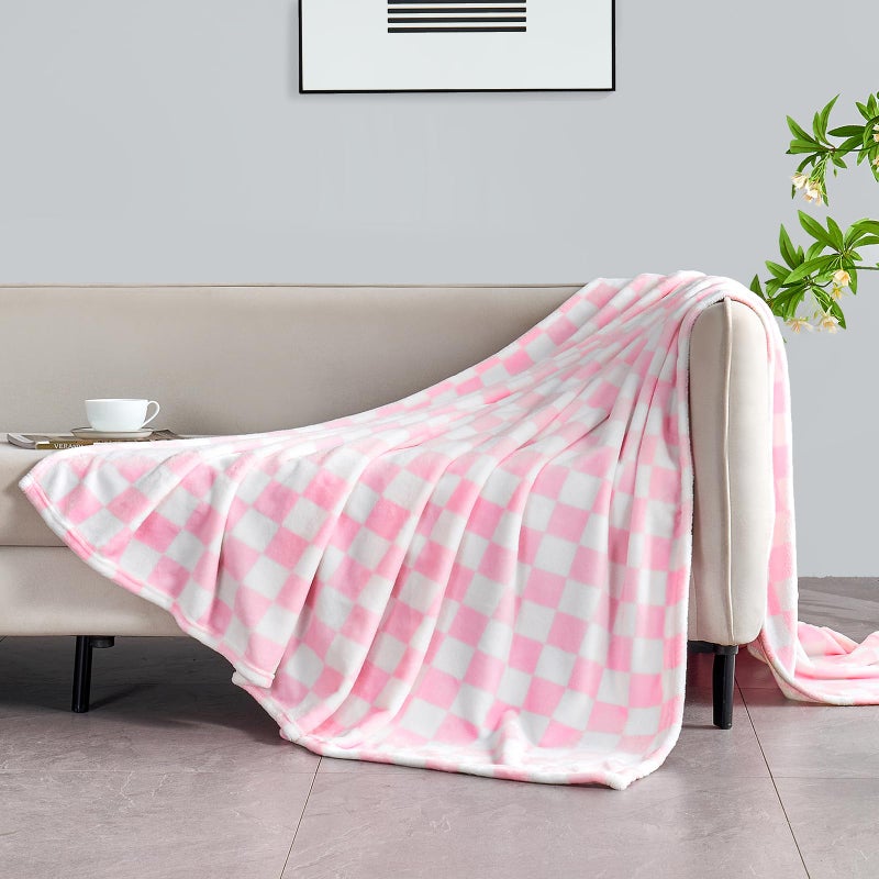 Edenleaf Pink Checkered Blanket, Ultra Soft Fleece Checkered Throw Blankets for Couch Bed and Travel, Luxury Throws for All Seasons, 50x60 Inch, Pink - Image 4