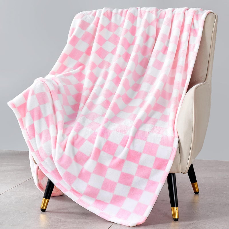 Edenleaf Pink Checkered Blanket, Ultra Soft Fleece Checkered Throw Blankets for Couch Bed and Travel, Luxury Throws for All Seasons, 50x60 Inch, Pink - Image 1