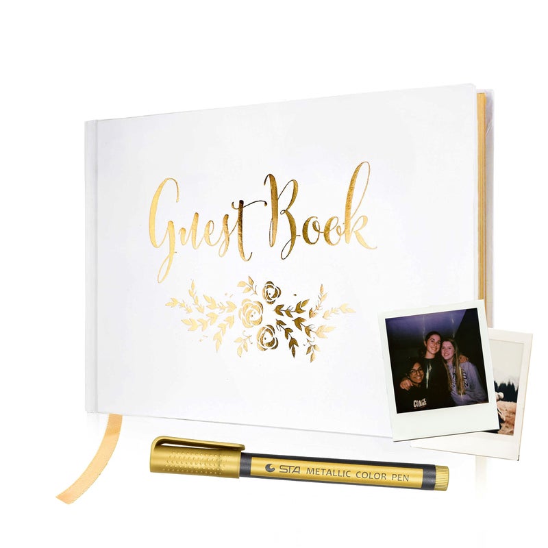J&A Homes Guest Book - Simple Timeless Design Sign In for Wedding Reception, Baby Shower, Funeral, Vacation Home - Keepsake for Special Events - Polaroid Guestbook, Bookmark & Gold Floral - 9" x 6" (100 Pages)  - Image 1