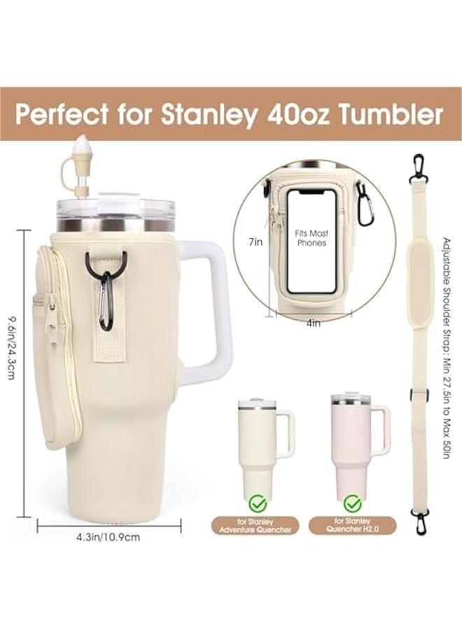 HOOKOR Water Bottle Holder with Strap for Stanley 40 oz Tumbler with Handle, with Cell Phone Pocket and Adjustable Shoulder Strap & Carabiner for Stanley Cup Accessories (White)  - Image 2