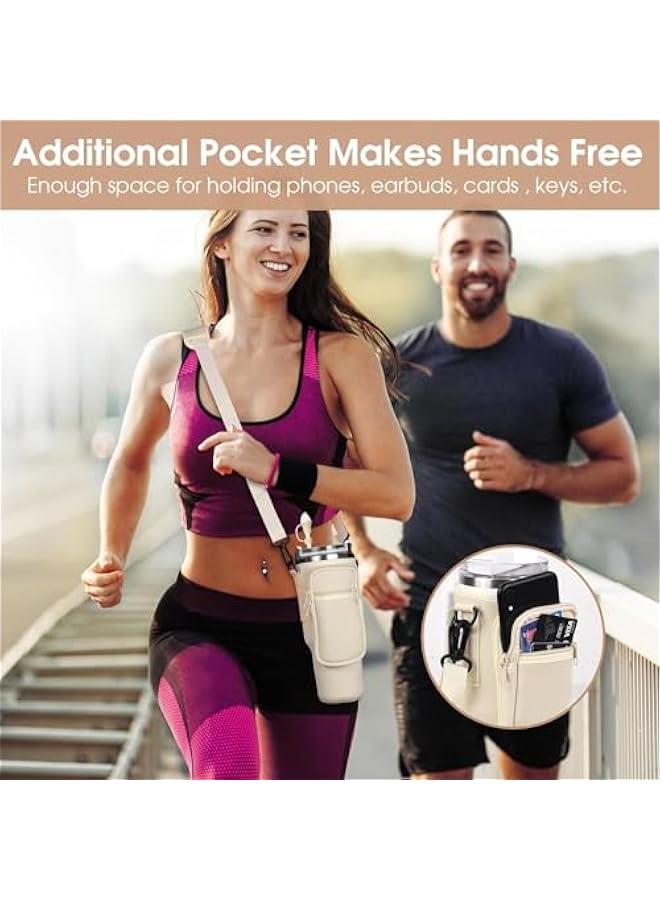 HOOKOR Water Bottle Holder with Strap for Stanley 40 oz Tumbler with Handle, with Cell Phone Pocket and Adjustable Shoulder Strap & Carabiner for Stanley Cup Accessories (White)  - Image 5