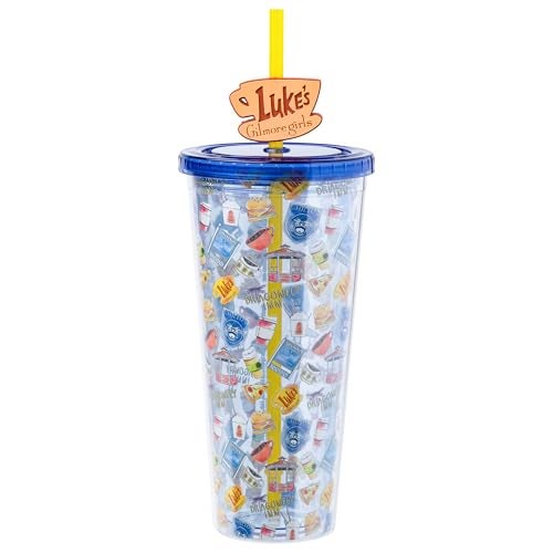 Silver Buffalo Gilmore Girls Plastic Cold Cup with Lid and Straw Topper Featuring Luke’s Diner, Stars Hollow, Chilton, and the Dragonfly Inn, 24 Ounces - Image 1