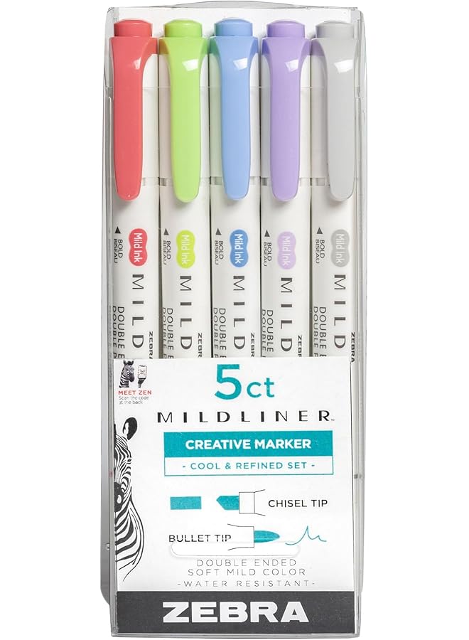ZEBRA Pen Mildliner Double Ended Highlighter Broad And Fine Tips Assorted Cool And Refined Colors 5 Pack - Image 1
