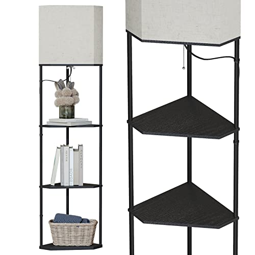 SUNMORY Sector Corner Shelf Lamp 3 Color Temperatures LED Bulb,Corner Lamps with Linen Lampshade, Floor Lamps for Living Room, Bedroom, Study, Black Standing Lamp with Shelves - Image 1