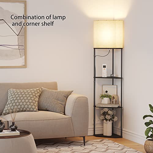 SUNMORY Sector Corner Shelf Lamp 3 Color Temperatures LED Bulb,Corner Lamps with Linen Lampshade, Floor Lamps for Living Room, Bedroom, Study, Black Standing Lamp with Shelves - Image 3