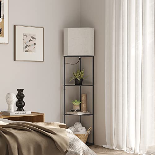 SUNMORY Sector Corner Shelf Lamp 3 Color Temperatures LED Bulb,Corner Lamps with Linen Lampshade, Floor Lamps for Living Room, Bedroom, Study, Black Standing Lamp with Shelves - Image 5