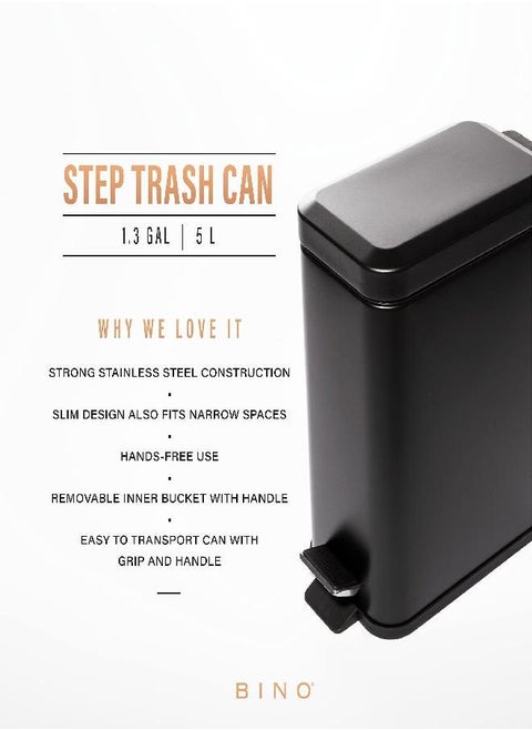BINO | Rectangular Step Trash Can | 1.3 Gallon/5 Liter Stainless Steel Trash Can with Lid | Home or Office Bathroom Trash Cans with Lids | Kitchen Garbage Can with Non-Slip Stepper | Matte Black