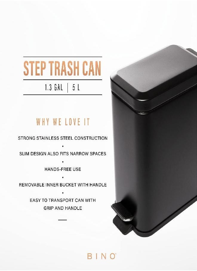 BINO | Rectangular Step Trash Can | 1.3 Gallon/5 Liter Stainless Steel Trash Can with Lid | Home or Office Bathroom Trash Cans with Lids | Kitchen Garbage Can with Non-Slip Stepper | Matte Black