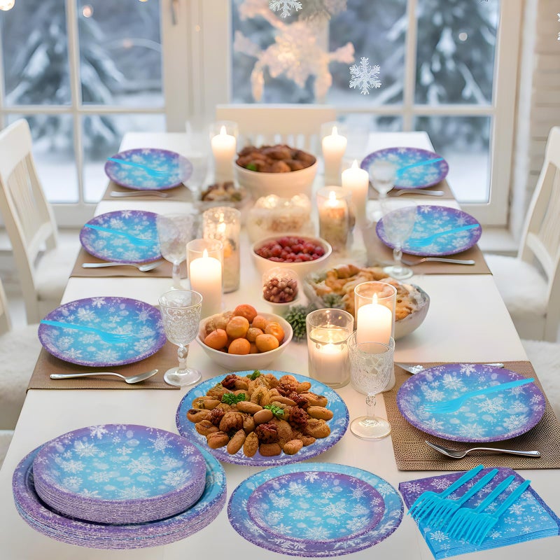 Litmitfu 100 Pcs Frozen Plates And Napkins Sets - Snowflake Round Tableware  Disposable Winter Paper Dessert Plates And Napkins Forks For Christmas Winter Wonderland Party Supplies Table Decor  Serves 25 - Image 5