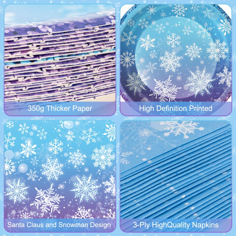 Litmitfu 100 Pcs Frozen Plates And Napkins Sets - Snowflake Round Tableware  Disposable Winter Paper Dessert Plates And Napkins Forks For Christmas Winter Wonderland Party Supplies Table Decor  Serves 25 - Image 4