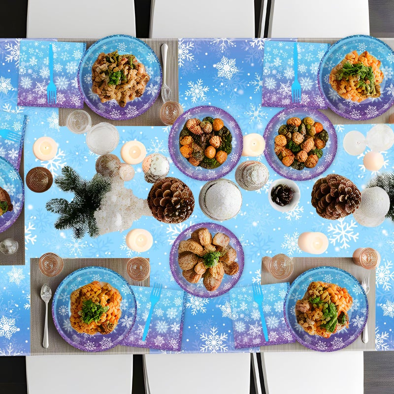 Litmitfu 100 Pcs Frozen Plates And Napkins Sets - Snowflake Round Tableware  Disposable Winter Paper Dessert Plates And Napkins Forks For Christmas Winter Wonderland Party Supplies Table Decor  Serves 25 - Image 2