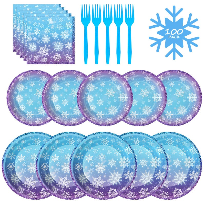 Litmitfu 100 Pcs Frozen Plates And Napkins Sets - Snowflake Round Tableware  Disposable Winter Paper Dessert Plates And Napkins Forks For Christmas Winter Wonderland Party Supplies Table Decor  Serves 25 - Image 1