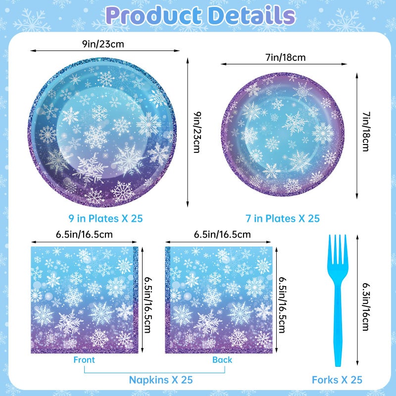 Litmitfu 100 Pcs Frozen Plates And Napkins Sets - Snowflake Round Tableware  Disposable Winter Paper Dessert Plates And Napkins Forks For Christmas Winter Wonderland Party Supplies Table Decor  Serves 25 - Image 3