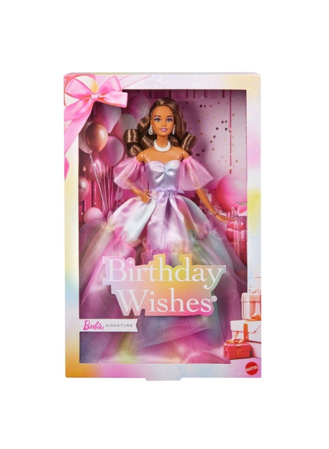 Barbie Signature Birthday Wishes Fashion Doll with Brown Hair in Dress with Pastel Rainbow Effect, Collectible Toy with Giftable Packaging - Image 1