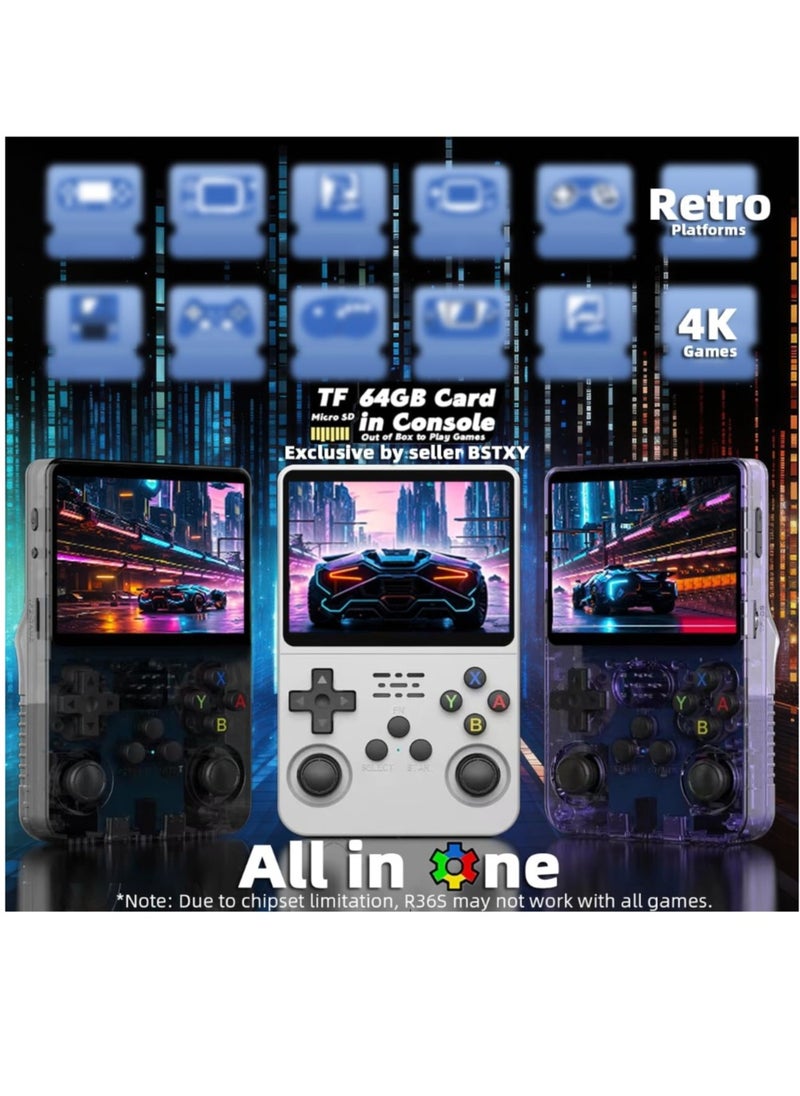 Handheld Retro R36S Game Console Linux System With 64G TF Card, 20000+ Games, Retro Video Game Console 3.5 Inch IPS Screen Black
