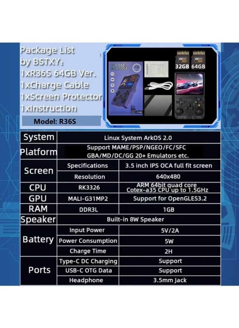 Handheld Retro R36S Game Console Linux System With 64G TF Card, 20000+ Games, Retro Video Game Console 3.5 Inch IPS Screen Black