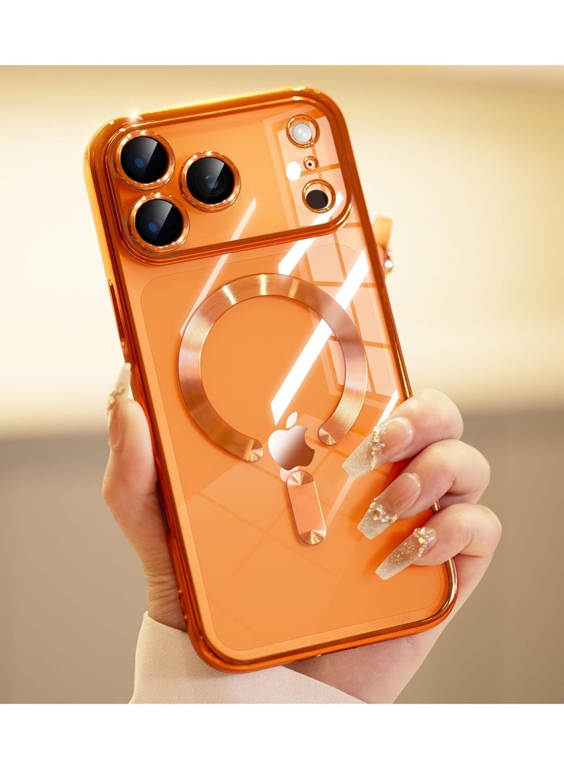 جراب مغناطيسي شفاف لهاتف آيفون 17 برو ماكس، متوافق مع ماج سيف، مزود بواقي عدسة كاميرا مدمج، غطاء هاتف ناعم ونحيف لهاتف آيفون 17 برو ماكس | برتقالي