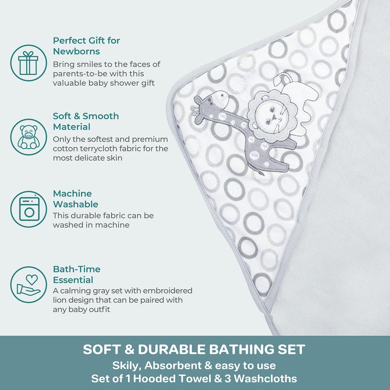 Spasilk 4-Piece Soft Terry Hooded Bath Towel and Washcloth Set, 1 Baby Towel and 3 Baby Washcloths for Newborn Boys and Girls, Gray Lion - Image 4