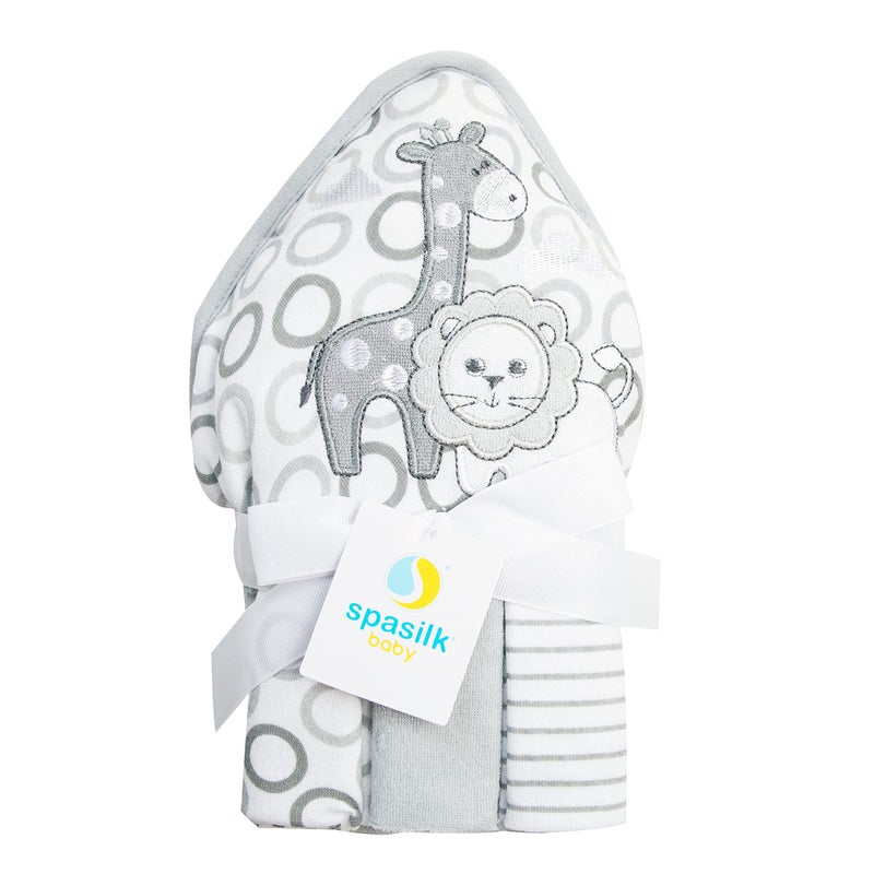 Spasilk 4-Piece Soft Terry Hooded Bath Towel and Washcloth Set, 1 Baby Towel and 3 Baby Washcloths for Newborn Boys and Girls, Gray Lion - Image 1