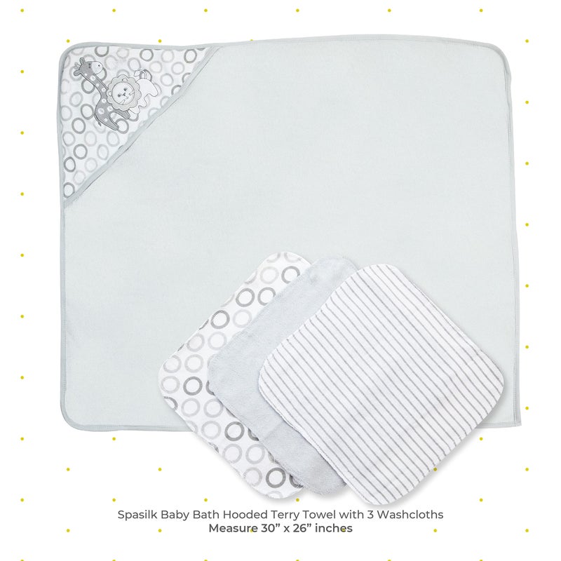 Spasilk 4-Piece Soft Terry Hooded Bath Towel and Washcloth Set, 1 Baby Towel and 3 Baby Washcloths for Newborn Boys and Girls, Gray Lion - Image 2