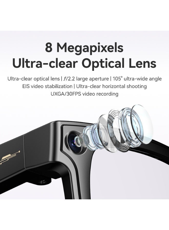 Smart Wearable Glasses, Stylish Design 39g Ultra-light for Comfortable Wearing, 8MP HD Anti-shake Camera for Photo/Video/Recording, WIFI Transfer to Phone, IP65 Waterproof Dustproof, Dual Mic Noise Reduction for Calls, Low-power Jerry+Allwinner Chip 280mAh Long Battery, AI Voice Wake-up/Object Recognition/Q&A/Translation, Bluetooth Call/Music Control, Wear Detection, Customizable Sunglass/Blue Light/Photochromic/Myopia Lenses, Optimized Heat Dissipation - Image 4