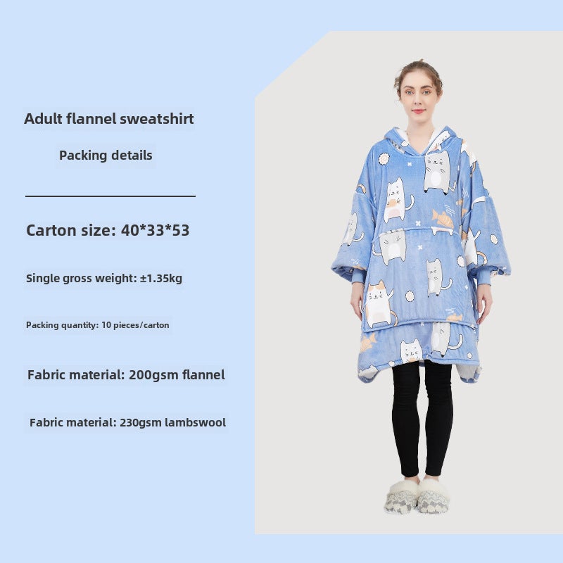 Oversized Hoodie Blanket Flannel Couples Loungewear Blue Cat-Adult Double Layer 