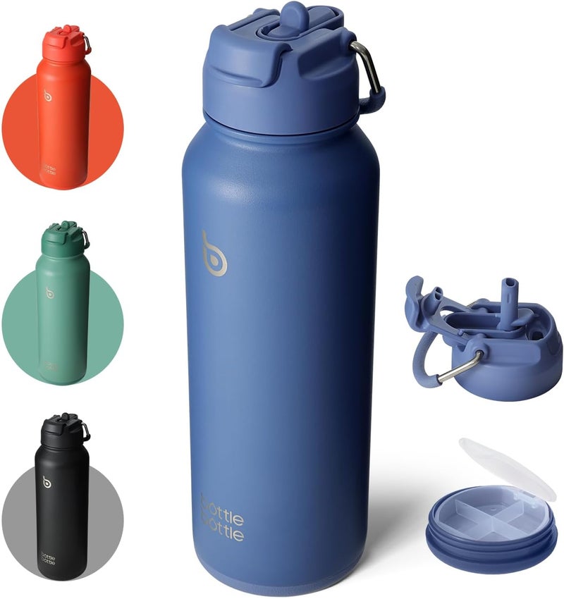 bottle bottle زجاجة زجاجة 40 أونصة زجاجة ماء مع قشة وغطاء مقبض - أزرق - Image 1