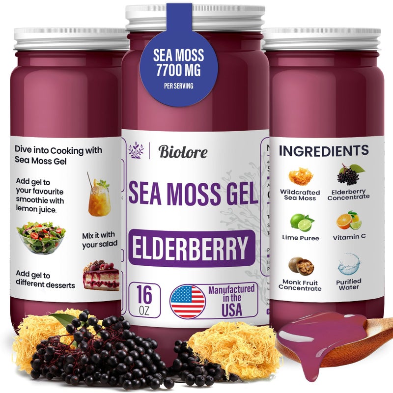 Biolore Sea Moss Gel - Elderberry 16oz, Wildcrafted Irish Seamoss with Essential Vitamins & Trace Minerals, Vegan Superfood Made in USA - Image 1
