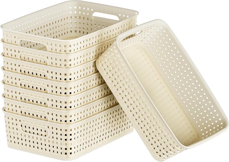 FUCDTEFC White Plastic Basket, 8 Pack Home Organization and Storage Baskets with Handles, Space Saving Woven Organizer Bins Plastic Storage Basket for Organizing Cabinets,Closets, Shelves, Countertops - Image 1
