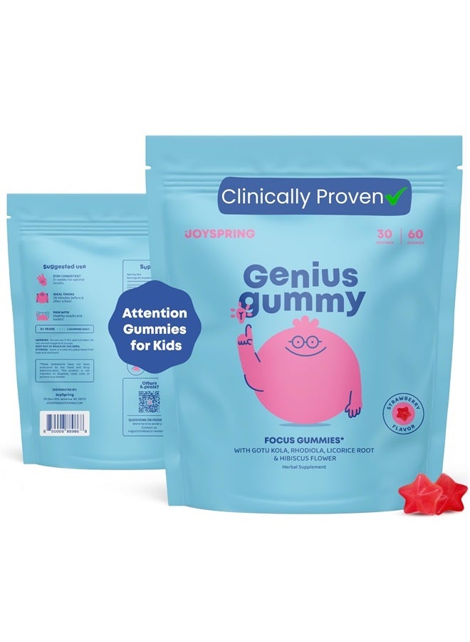 JoySpring Genius Focus Gummies - Kids Focus Gummies for Increased Attention Natural Herbal Brain Gummies - Vegan, Gluten-Free, Sugar-Free with Bacopa, Gotu Kola, Rhodiola - 60 Gummies - Image 1