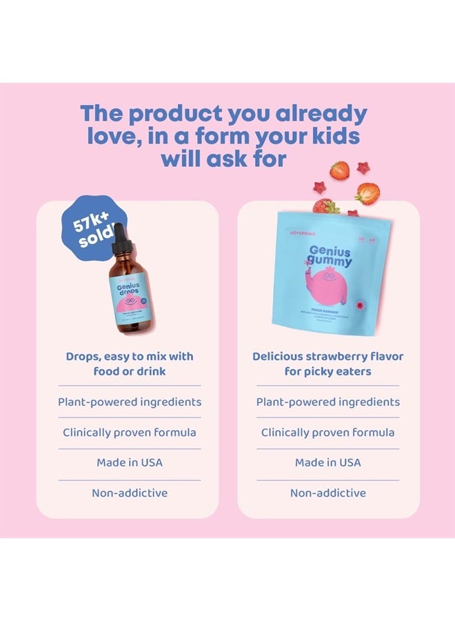 JoySpring Genius Focus Gummies - Kids Focus Gummies for Increased Attention Natural Herbal Brain Gummies - Vegan, Gluten-Free, Sugar-Free with Bacopa, Gotu Kola, Rhodiola - 60 Gummies - Image 3