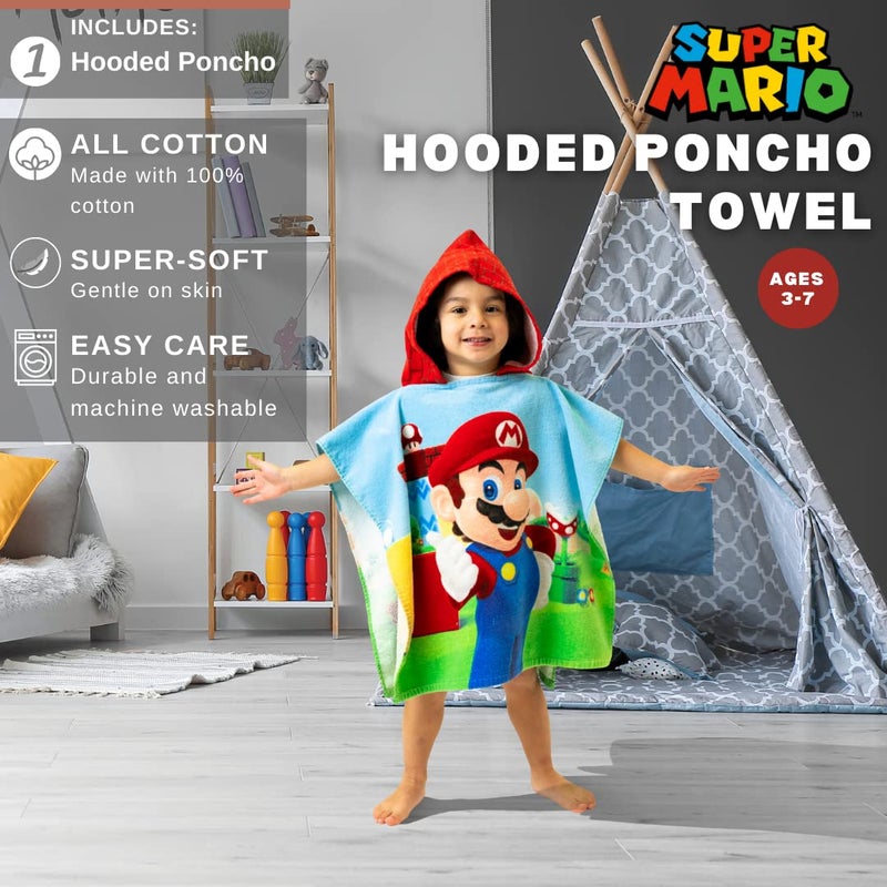 Franco Super Mario Kids Beach/Pool/Bath/Camping Hooded Towel Poncho 24" X 22", Absorbent Cotton Cover up, (Official Nintendo Product), Large, Super Mario - Image 2